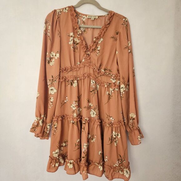 INSPIRED HEARTS NWT Sz L Terra Cotta Vneck Dress Puff Sleeve Tiered Ruffle Trim - Picture 1 of 6